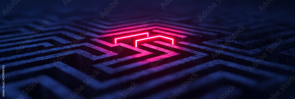 Poster energetic overhead capture of a labyrinthine grid, each line emanating shifting red-to-blue hues,