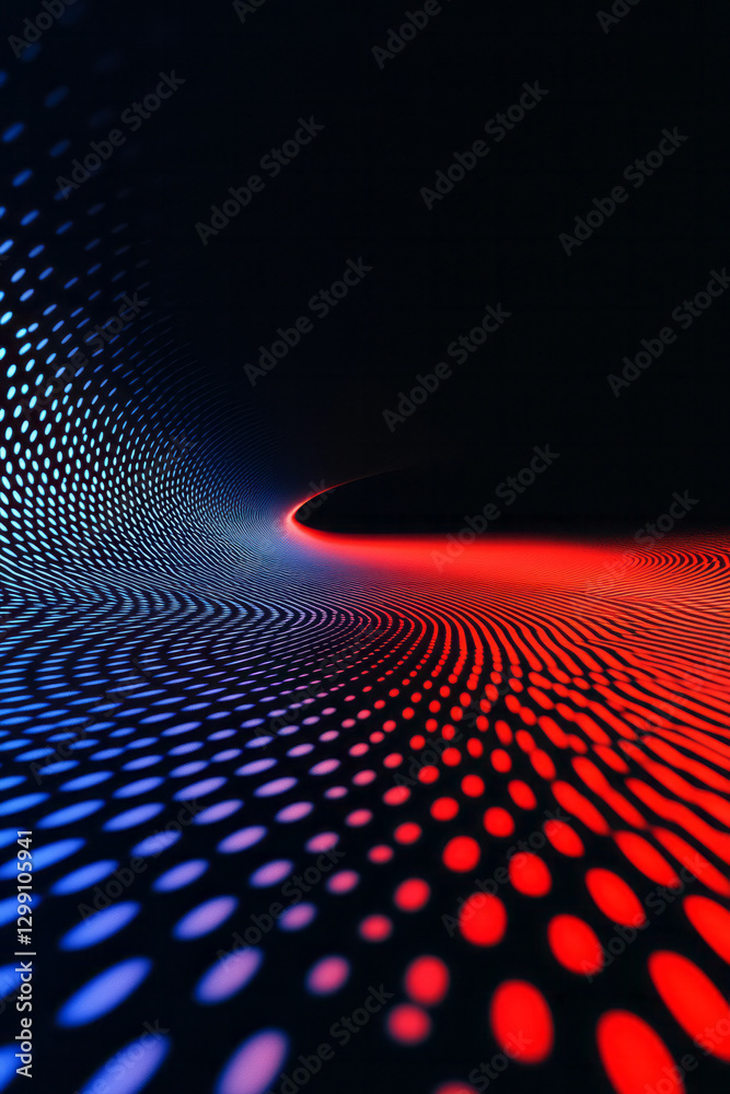Poster hypnotic arrangement with alternating bright red and blue rows forming a wave-like grid, moody