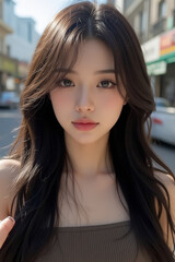 Obraz premium Asian Beautiful Female taking a Selfie Photo - Profile Picture - Young Woman outside on Sunny Day in the City - Eastern Lady in Fashionable Clothing - Modelling for Camera Social Media