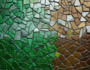 Vibrant abstract mosaic patterns on wall surfaces artistic installation illustrative texture contemporary environment eye-level viewpoint geometric design for interior decoration