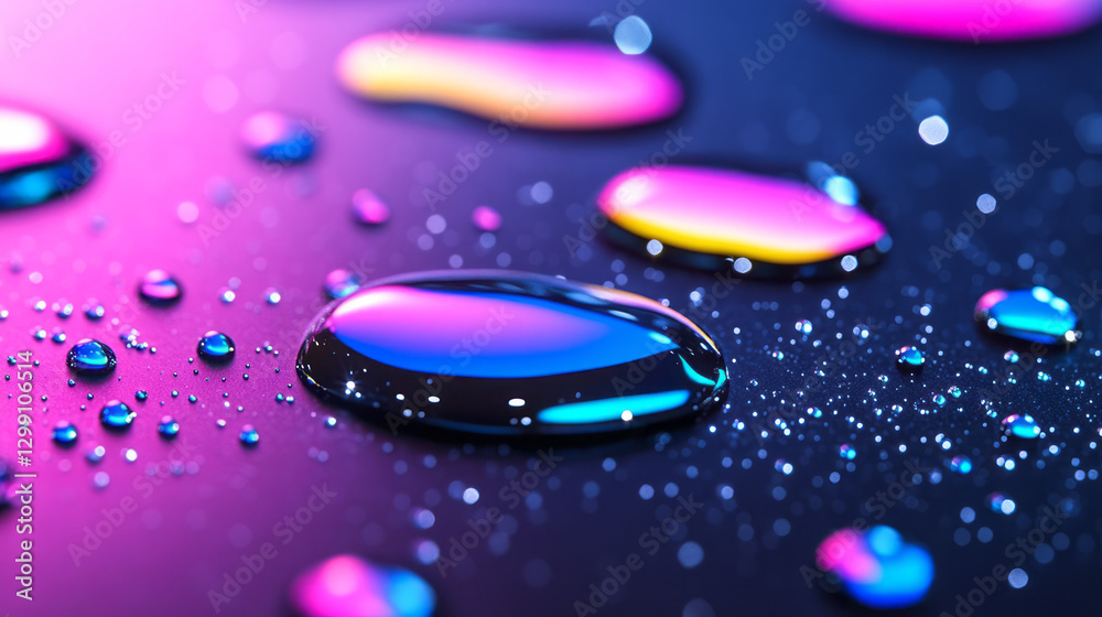 Poster poetic macro shot highlighting the glossy edges of overlapping neon droplets, moody shadows,