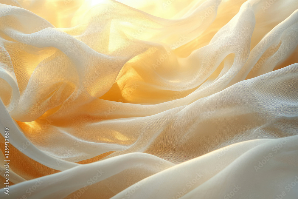 Aufkleber creamy fabric drapes elegantly, backlit by warm sunlight, creating soft folds and luxurious texture.