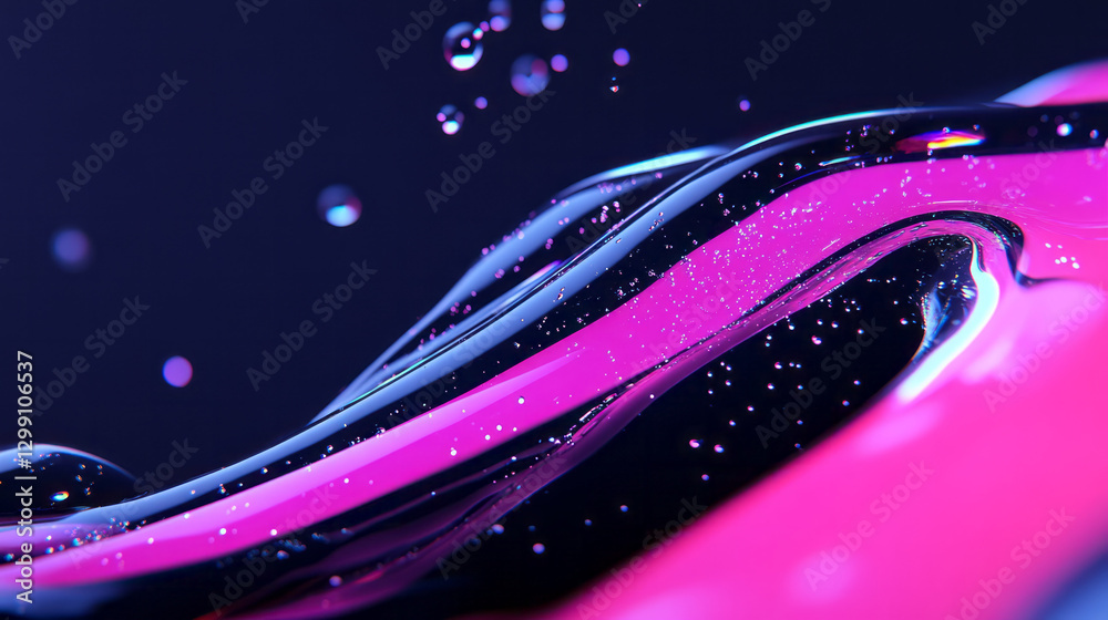 Poster poetic macro shot highlighting the glossy edges of overlapping neon droplets, moody shadows,
