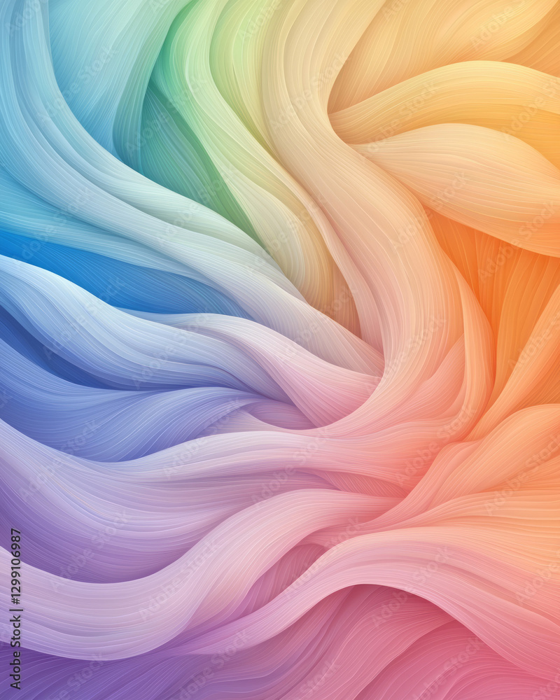 Aufkleber painterly overhead perspective capturing a flowing rainbow gradient across the entire frame, gentle