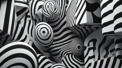 Abstract geometric shapes, black and white, striped, 3D shapes, modern design background
