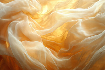 Obraz premium Draped sheer fabric, golden hues, soft light, flowing texture, elegant and luxurious.