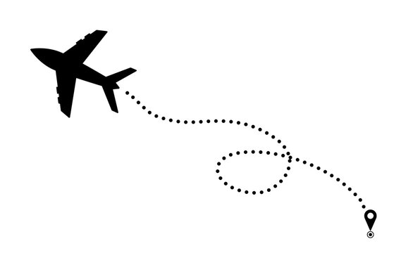 Minimalist black airplane with dotted flight path leading to destination pin. Perfect for travel, aviation, journey, and logistics design concepts.