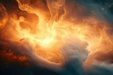 Fiery nebula swirls in cosmic space, glowing orange and white, speckled with stars.
