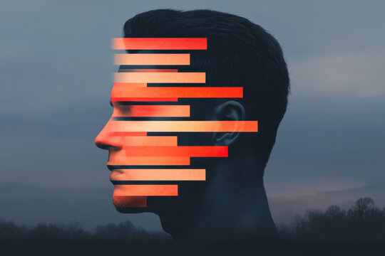 Minimal arrangement with a half-head silhouette gradually pixelating into bright digital blocks,