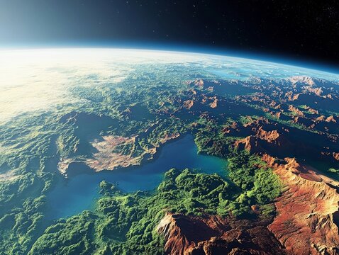 terraformed Mars with oceans and forests, showcasing Martian mountains rising from a dense, green forest and reaching into a crystal-clear alien sky