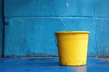 Fototapeta premium Bright Yellow Bucket Against a Vibrant Blue Wall Adds a Splash of Color to the Urban Environment