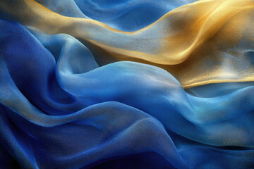 Obraz premium Draped blue and gold sheer fabric, luxurious texture, elegant waves.