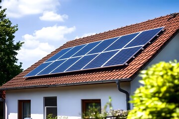 Fototapeta premium Harnessing solar power residential rooftop solar panel installation urban setting photovoltaic system bright daylight sustainable energy