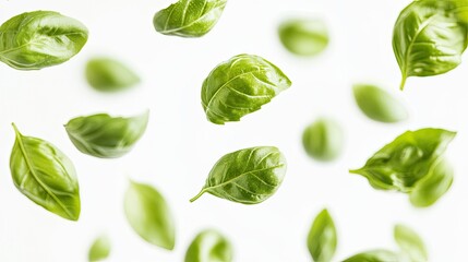 Vibrant fresh basil leaves floating freely on a white background, capturing their rich green color.