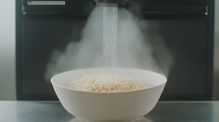 Noodles steaming in a white bowl as hot water is poured in. Steam rises to the machine pouring the water. The scene shows the cooking process.