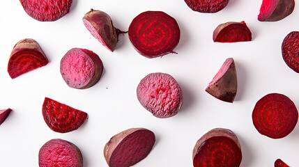 Vibrant red beets and beet slices floating against a clean white background.
