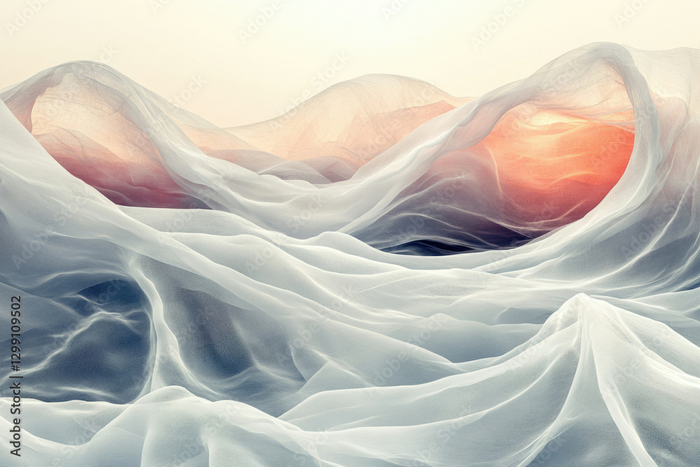 Poster abstract image depicting flowing fabric resembling a sunset landscape, creating a dreamy and etherea