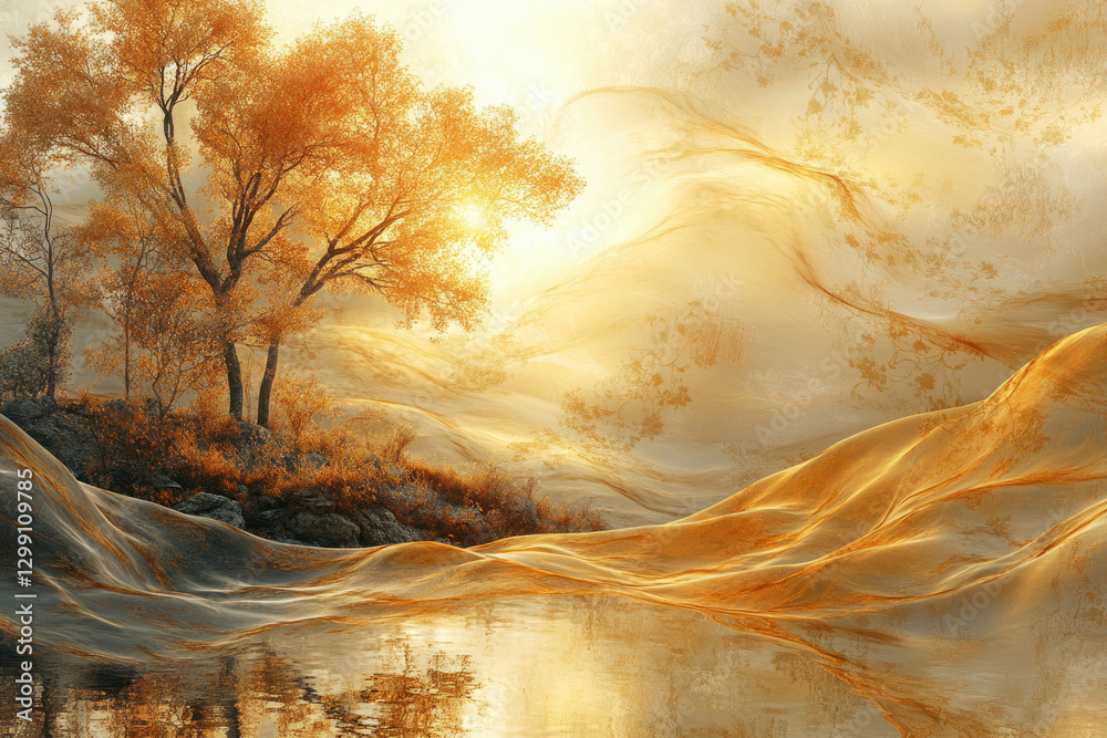 Aufkleber serene autumn landscape with golden trees reflected in a calm lake at sunrise, creating a dreamlike 