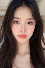 Obraz premium Asian Beautiful Female taking a Selfie Photo - Profile Picture - Young Woman outside on Sunny Day in the City - Eastern Lady in Fashionable Clothing - Modelling for Camera Social Media