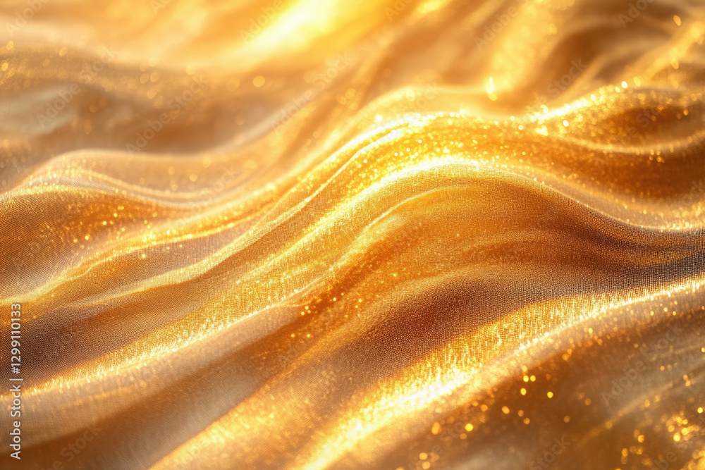 Poster golden fabric with shimmering texture, elegantly draped and illuminated by sunlight.