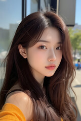 Fototapeta premium Asian Beautiful Female taking a Selfie Photo - Profile Picture - Young Woman outside on Sunny Day in the City - Eastern Lady in Fashionable Clothing - Modelling for Camera Social Media