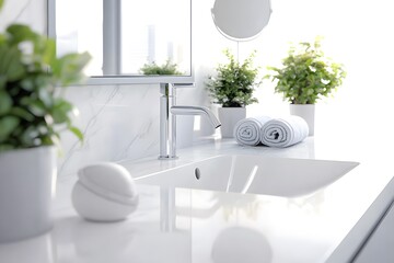 Stylish bathroom design featuring undermount sink and greenery modern home interior photography bright atmosphere