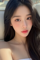 Fototapeta premium Asian Beautiful Female taking a Selfie Photo - Profile Picture - Young Woman outside on Sunny Day in the City - Eastern Lady in Fashionable Clothing - Modelling for Camera Social Media