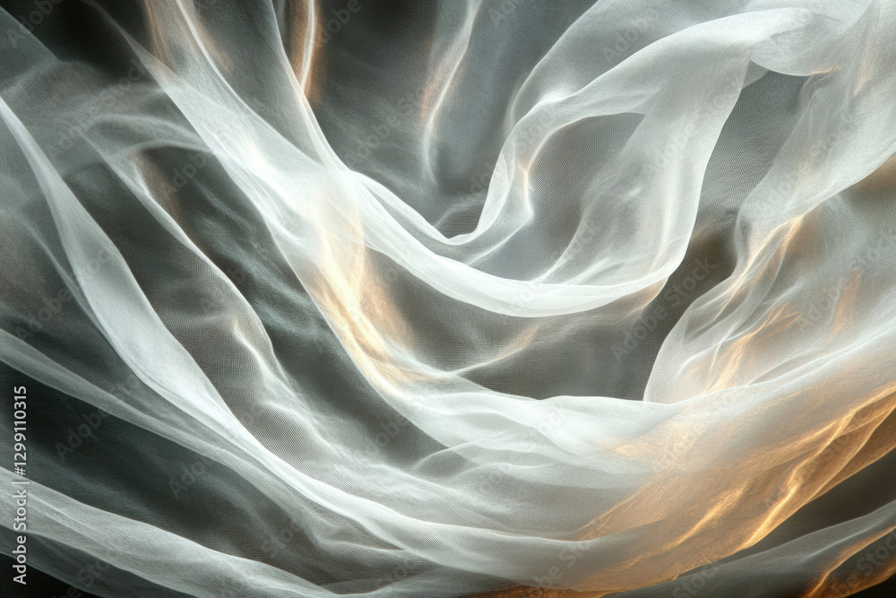 Poster soft, flowing white chiffon fabric drapes elegantly, creating a serene and ethereal atmosphere.