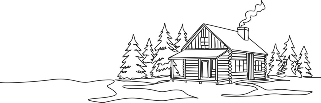 continuous single line drawing of a log cabin in the woods, line art vector illustration