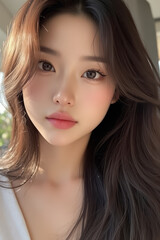 Naklejka premium Asian Beautiful Female taking a Selfie Photo - Profile Picture - Young Woman outside on Sunny Day in the City - Eastern Lady in Fashionable Clothing - Modelling for Camera Social Media