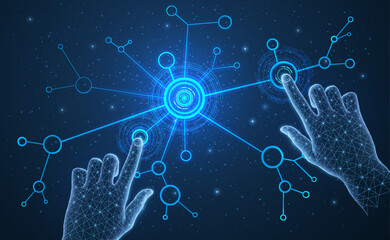 Hands on the blue digital background. Technology digital, future information.