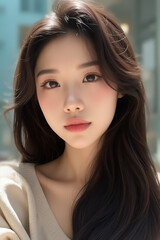 Naklejka premium Asian Beautiful Female taking a Selfie Photo - Profile Picture - Young Woman outside on Sunny Day in the City - Eastern Lady in Fashionable Clothing - Modelling for Camera Social Media