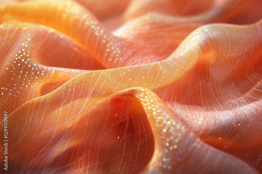 Poster Close-up of peach-colored shimmering fabric with subtle texture and soft light.