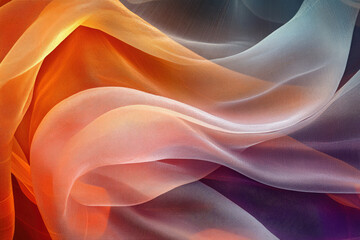 Obraz premium Abstract image of flowing translucent fabric in shades of orange, peach, and grey.