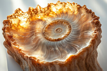 A mesmerizing ammonite fossil, beautifully preserved, showcasing intricate spiral patterns and warm, translucent tones.
