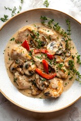 Elegant chicken fricassee with mushrooms and cream, beautifully garnished