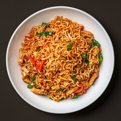 Japanese yakisoba noodles on white round plate
