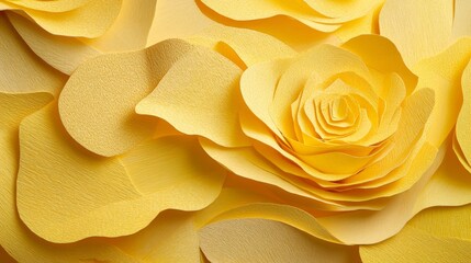 A yellow flower made of paper is shown in the image. The flower is made up of many small pieces of paper, and it is a very detailed and intricate design
