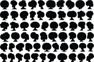 Fototapeta premium Set of black women’s afro hairstyle profile silhouette vector illustrations
