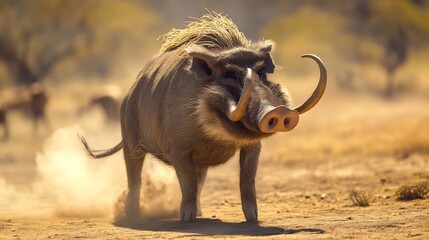 Obraz premium Rugged Warthog standing in the dry savanna its curved tusks catching the sunlight dust rising around its sturdy legs as it snorts