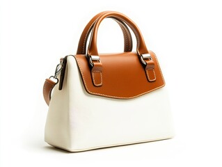 Photograph of a cream-colored handbag with brown stripes on a white background, product photography, simple composition, high resolution, studio lighting, high quality.
