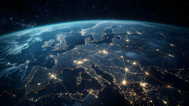 Nighttime Satellite View Of Europe With Illuminated Cities Against Dark Sky