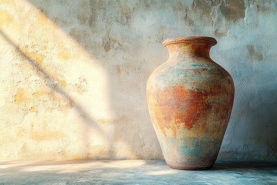 A rustic, aged terracotta amphora bathed in sunlight against a textured wall.