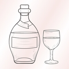 Ink outline illustration of a bottle and wine glass. A corcked bottle of liqoure and half full glass on a delicate stem. Simple minimalistic clipart of drinking glass.
