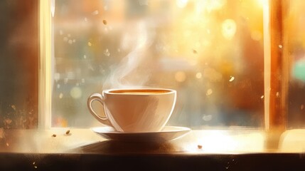 Fototapeta premium A steaming cup of coffee rests on a rustic wooden table, bathed in soft morning light streaming through a large window, casting gentle shadows and highlighting the rich brown color of the brew.