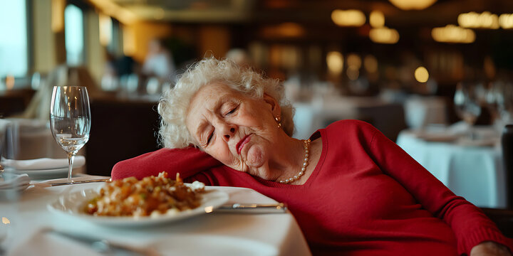 Senior woman asleep at dining table with untouched food, indicating tiredness, boredom or overeating in a fancy restaurant setting.