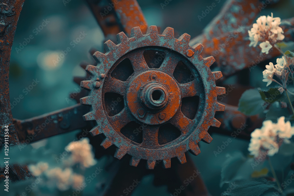 Poster rusty metal gear wheel close-up, showing intricate detail and texture, surrounded by soft-focus flow