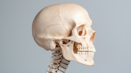 Human skull profile, anatomy study, grey background, medical education