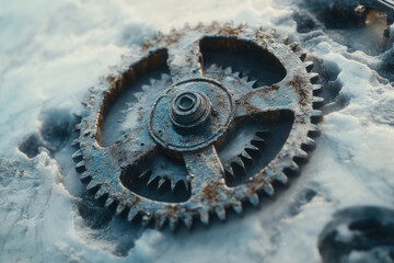 A rusty, snow-covered gear lies on the ground, hinting at a forgotten, icy machine.