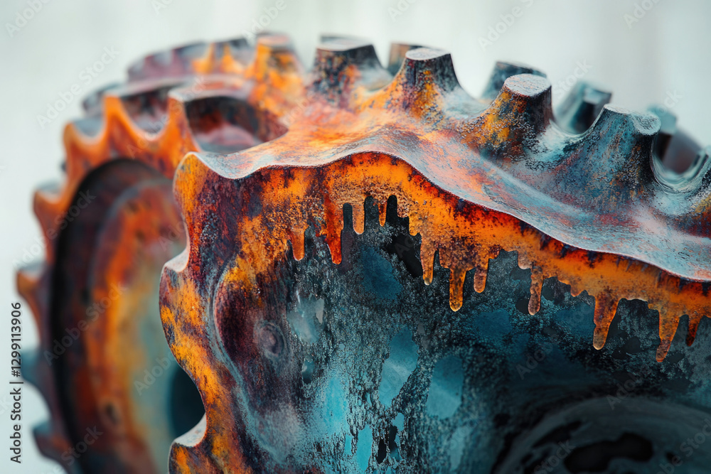 Poster close-up of a rusty, textured gear, showing intricate details and drips of oxidized metal.